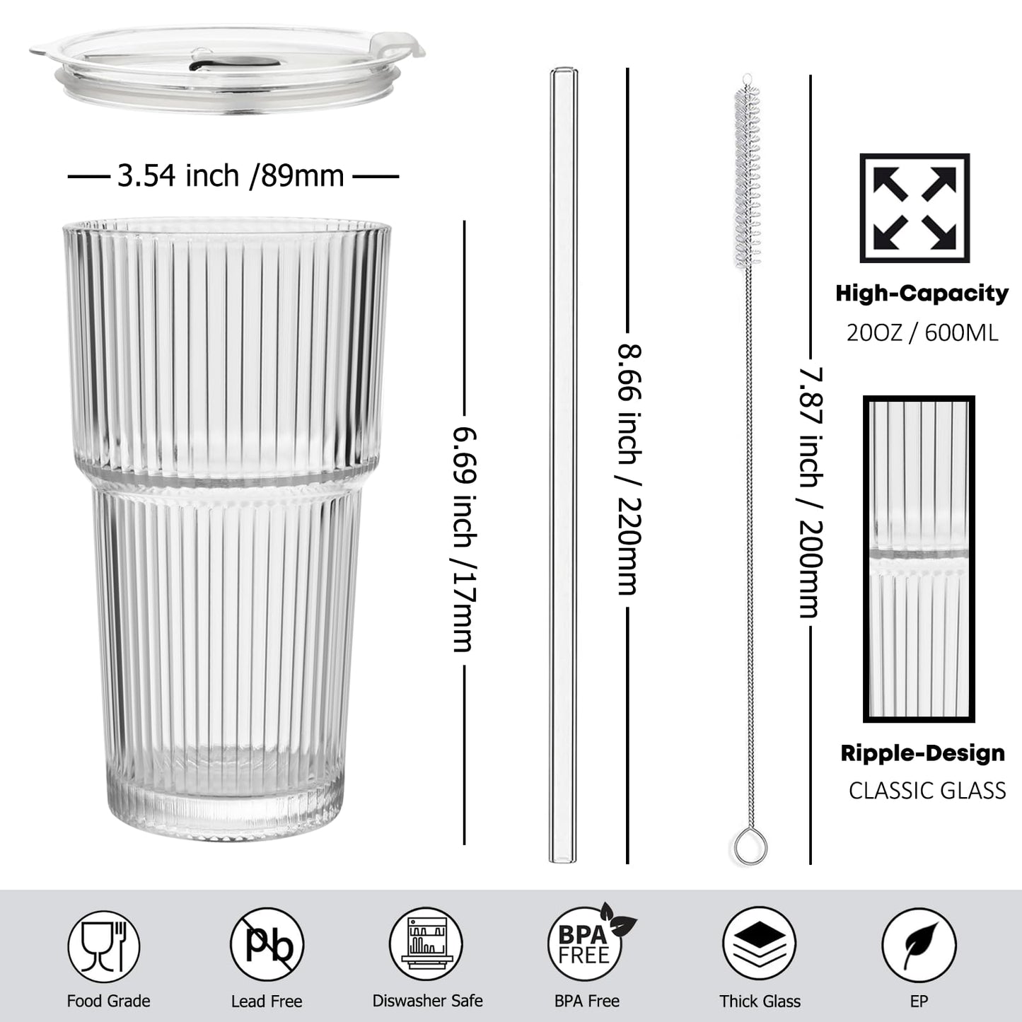 ALINK 20 oz Ribbed Glass Tumbler with Lids and Straws, Ripple Iced Coffee Cups, Thickened Drinking Glasses for Coffee, Smoothies, Cocktail, Juice, Cold Drinks, Pack of 2 - Clear