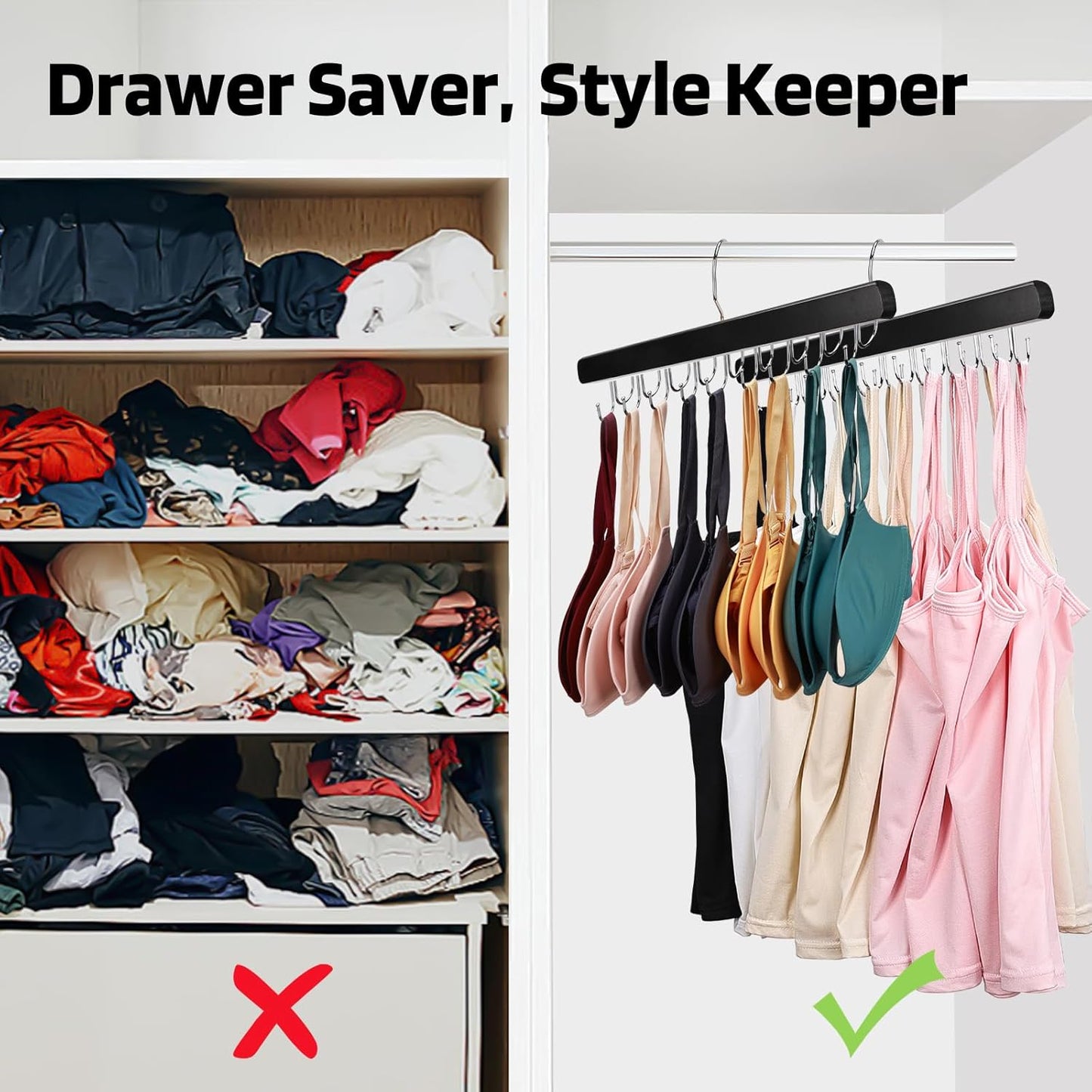 NECAMOCU Bra Hanger - Premium Wooden Closet Organizer with 36 Foldable Hooks | Space-Saving Design in Black