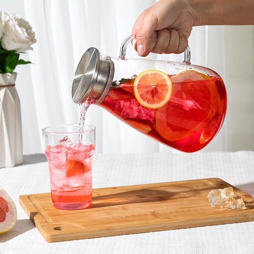 FrutPunch 2 Liter 68 oz Glass Pitcher with Lid, Modern Design, Transparent, Leakproof, Wide Mouth, With Handle