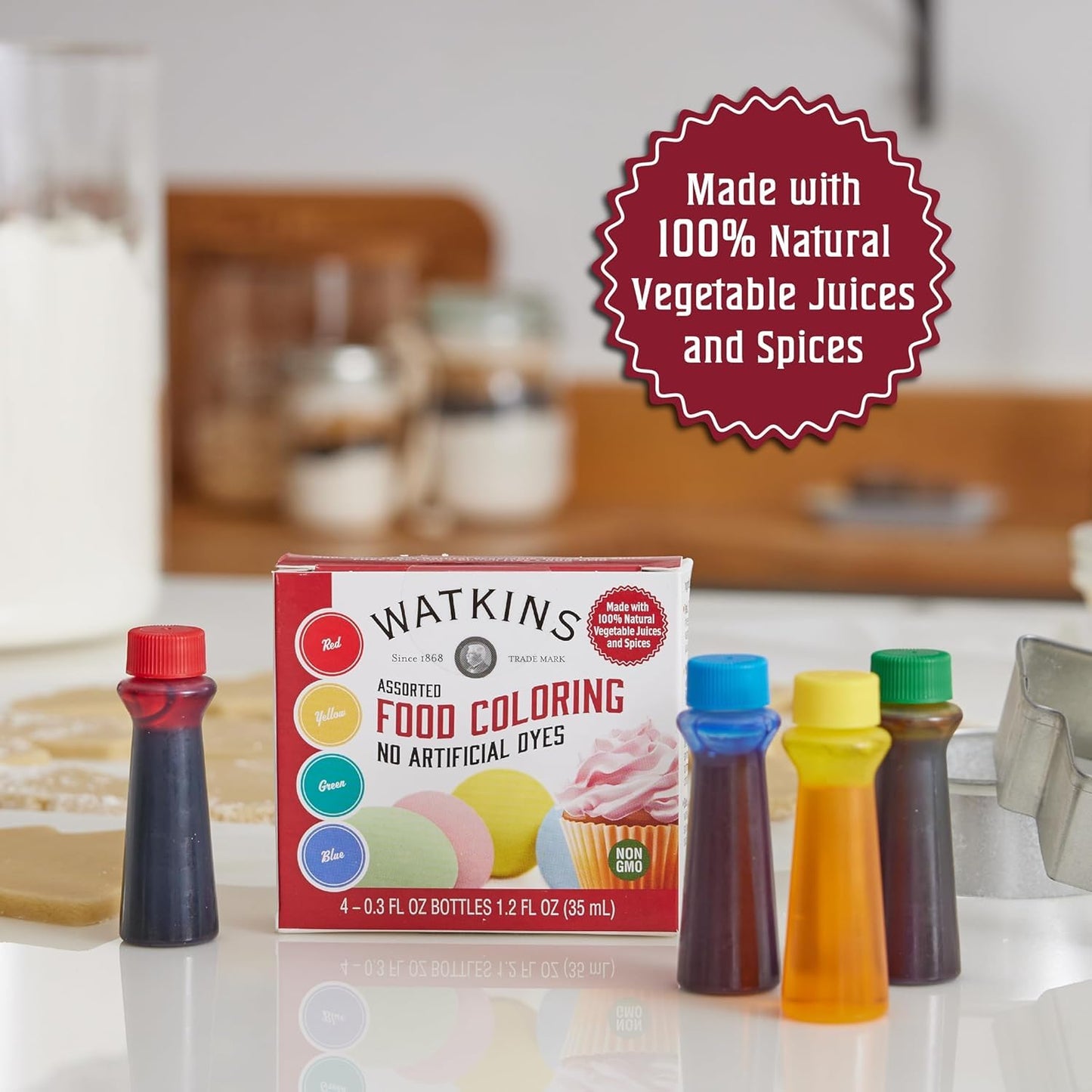 Watkins Assorted Food Coloring, 1 Each Red, Yellow, Green, Blue, Total Four 0.3 oz bottles, 4 Count (Pack of 6)