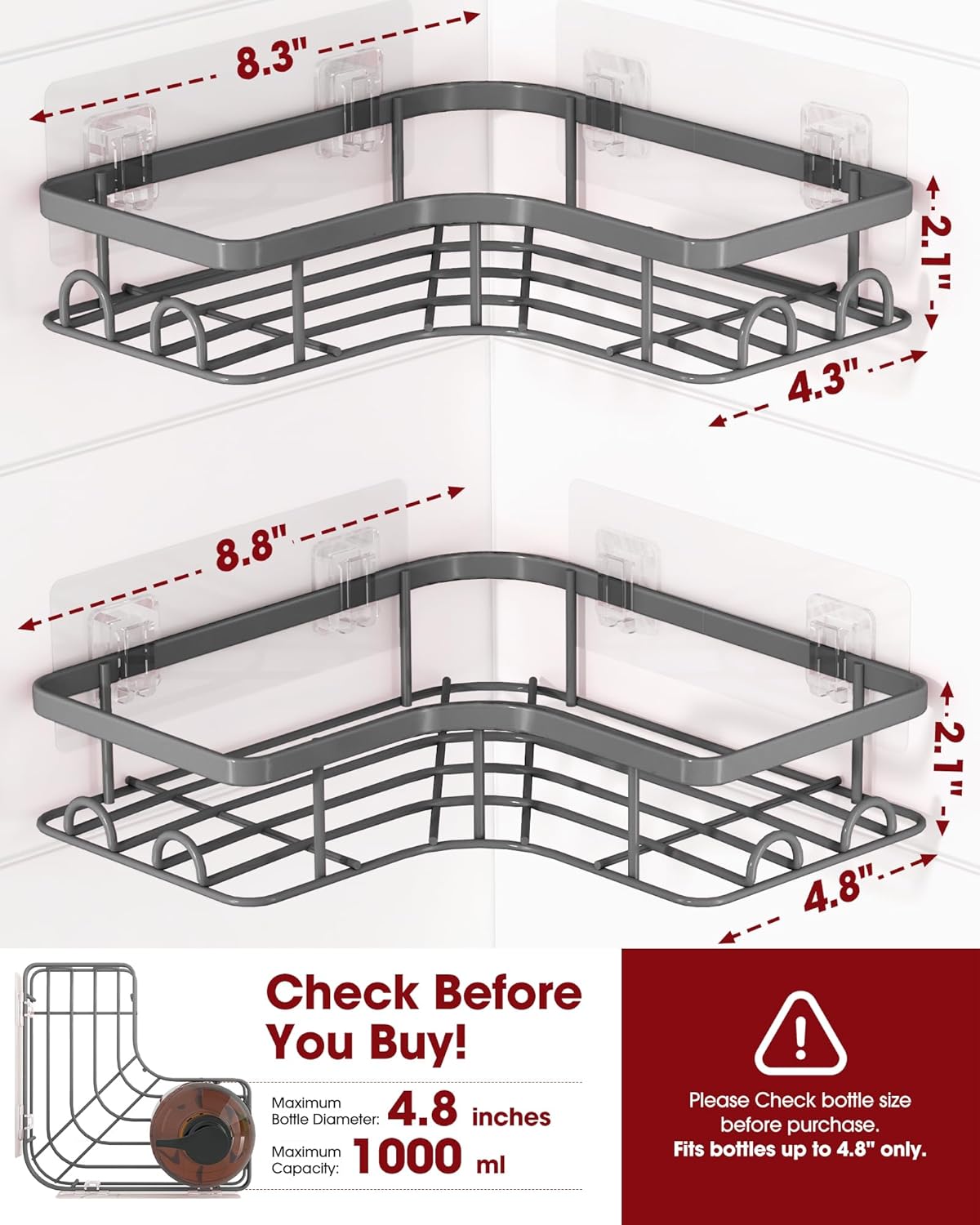 Sakugi Corner Shower Caddy - Rustproof Stainless Steel Organizers with 8 Hooks | No-Drill, Space-Saving Design, Grey, Large