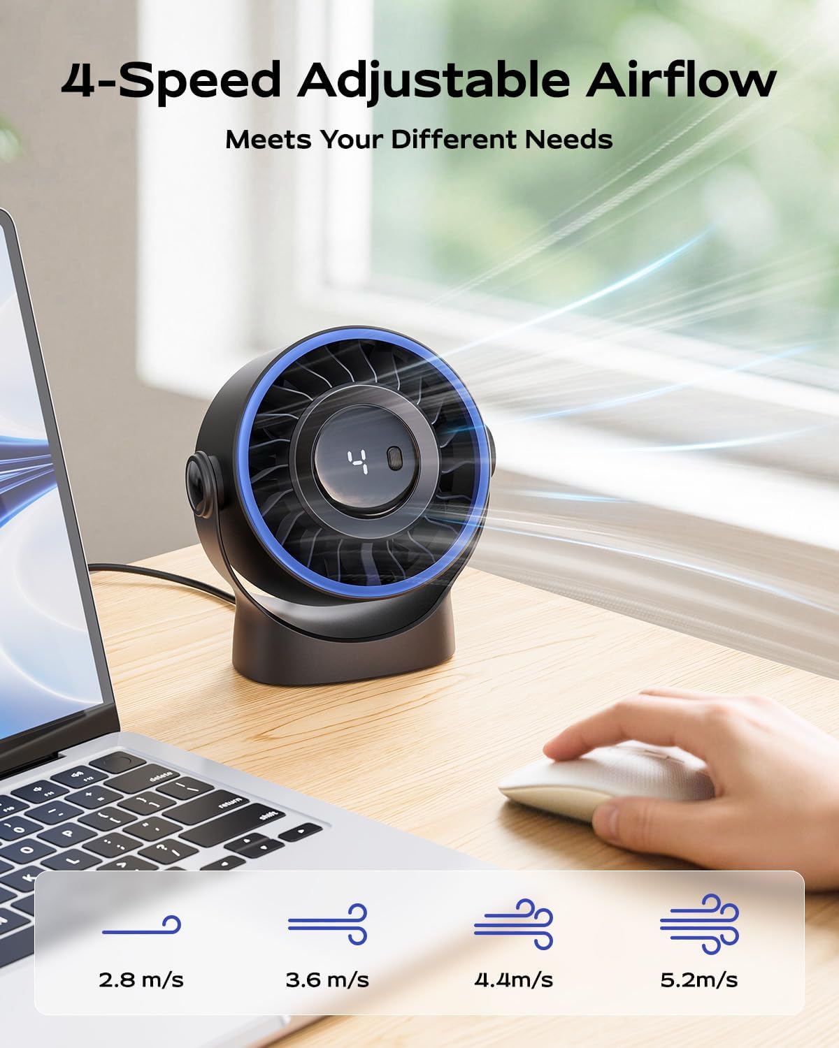 Sweetfull USB Small Desk Fan - 5-Inch Mini Personal Fan with 4 Speeds & 360° Adjustable Tilt | Quiet & Portable for Home, Office, Travel - Black