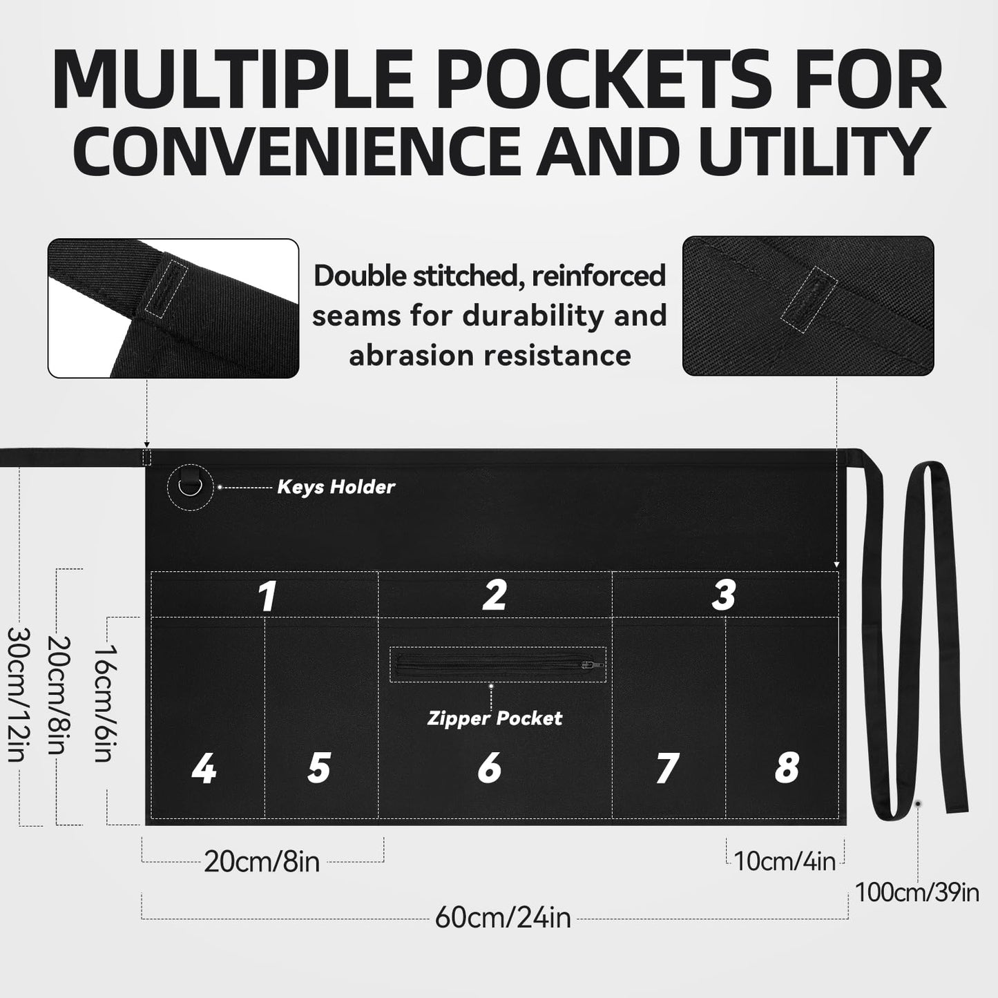 NLUS 2 Pack Server Apron with 8 Pockets, Water-Resistant Waiter Waitress Waist Half Apron for Women Men, 12 x 24 Inch - Black