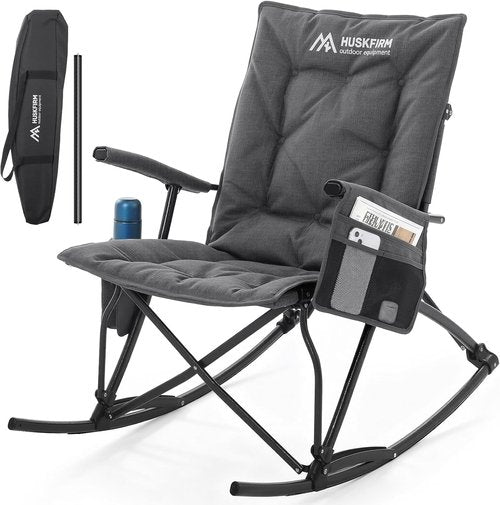 Huskfirm Oversized Rocking Camping Chair - Heavy Duty Folding Design | High Back, Padded Comfort, Supports 400 lbs, Grey