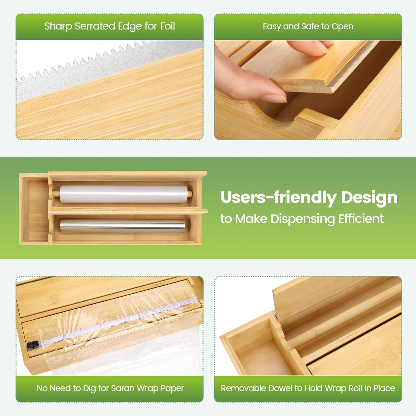 Soligt 2 in 1 Foil and Plastic Wrap Organizer | Aluminum Foil Dispenser with Serrated Edge | Plastic Wrap Dispenser with Cutter | Bamboo Kitchen Drawer Organizer Fit Parchment, Wax Paper