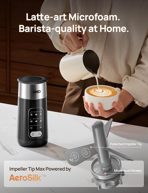 DREO Electric Milk Frother - 8-in-1 Stainless Steel for Latte Art & Microfoam | 9oz/270ml, Easy Clean