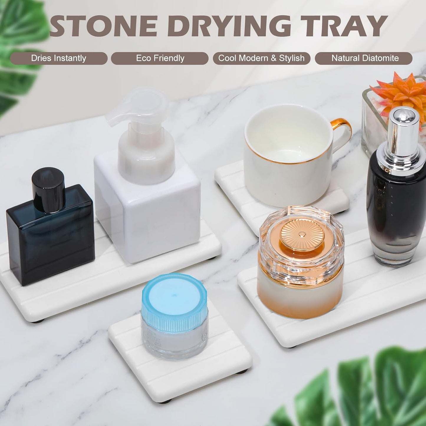 Skiennix Stone Drying Tray - Fast Drying Diatomite Soap Coaster for Bathroom & Kitchen | 4PCS Set