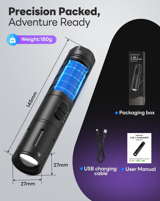 UV Black light Flashlight，Rechargeable 2-in-1 LED White Light Flashlight and BlackLight 395nm, Waterproof, Zoomable, Super Bright LED for Camping, Hiking, Pet Urine Detection, Scorpion Detection