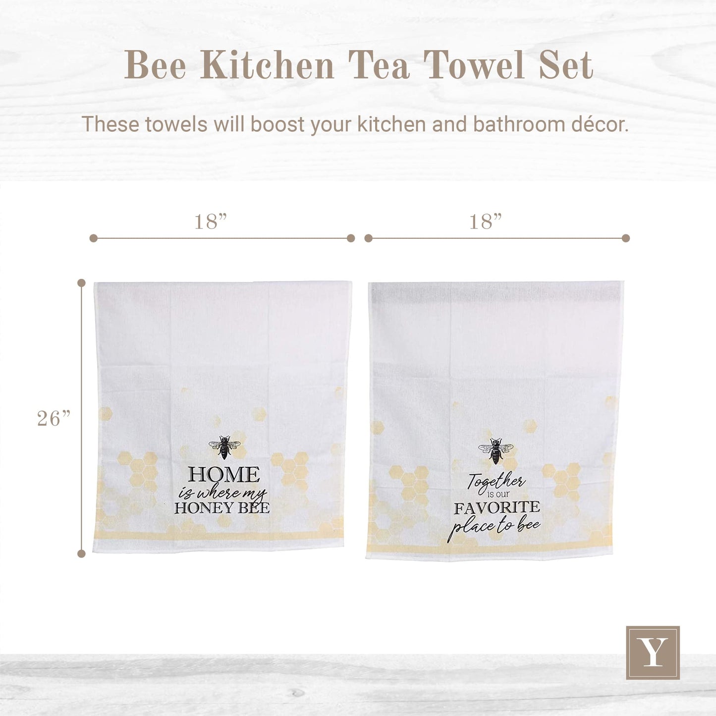 Young's Inc. Cotton Dish Towels - Set of 2 - Absorbent Tea Towels for Drying Dishes, Glassware, and Hands - Spring Bathroom and Kitchen Decor - Honey Bee