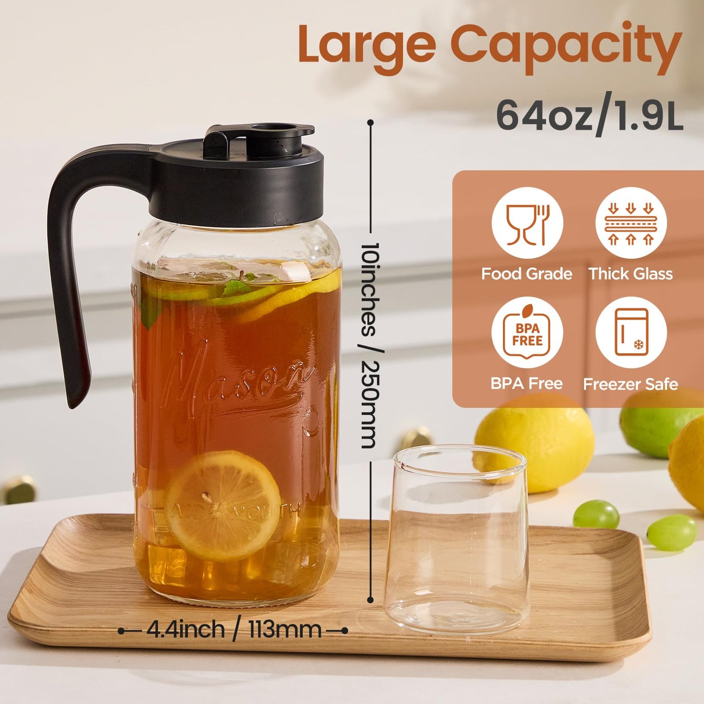 Spreccio Mason Jar Pitcher with Tea Filter, Airtight & Leakproof Glass Pitcher with Lid, 64 oz Sun Tea Glass Jar for Outside, Perfect for Sun Tea, Lemonade, and iced Tea