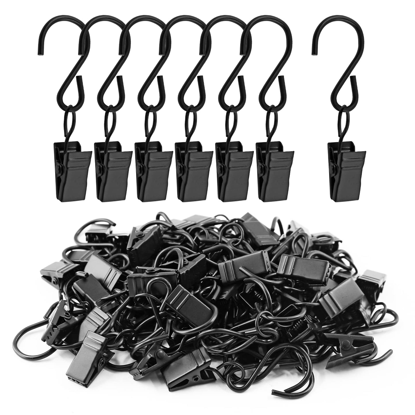 Unlorspy 50 Pack Stainless Steel S Hanging Hooks with Clips, 2.4 Inch Long Curtain Clips with S Hooks for Hanging Party String Lights, Home, Garage, Party, Patio, Camp and More (Black)