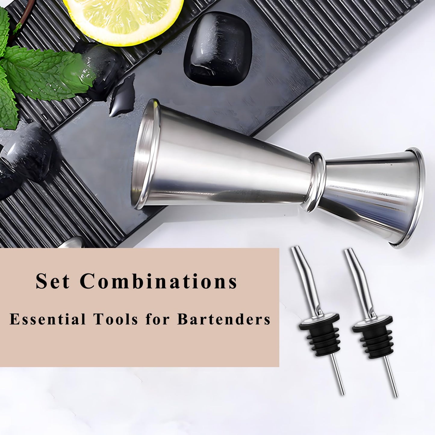 Pafusen Jigger for Bartending with 2 Pourers, Japanese Jiggers with 5 Measurements Inside, Jiggers 2 OZ 1 OZ, Shot Measure Jiggers, Bar jigger Bartender Tool Accessories, (Silver, 1 Jigger+ 2 Pourers)
