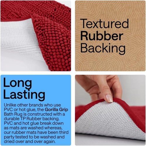 GORILLA GRIP Bath Rug Mat - Thick Soft Absorbent Chenille | Quick Dry Microfiber, 30x20, Red