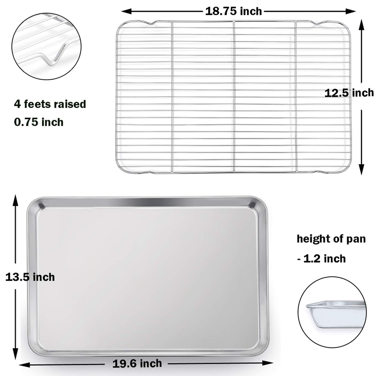 P&P CHEF 19.6 Inch Baking Sheet Pan with Rack Set, Stainless Steel Cookie Sheet Pan Tray with Cooling Rack for Oven Use, Cooking Roasting, Non Toxic & Dishwasher Safe, Heavy Duty