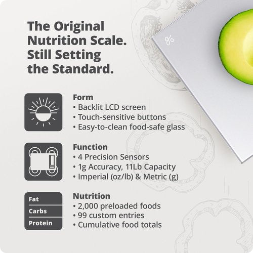 Greater Goods Food Scale with Nutrition Calculator, Non Connected Calorie Scale for Meal Prep, Weight Loss, 2000 Pre-Loaded Food Codes, Compact Kitchen Scale, Battery Operated, 11lb Capacity, Silver