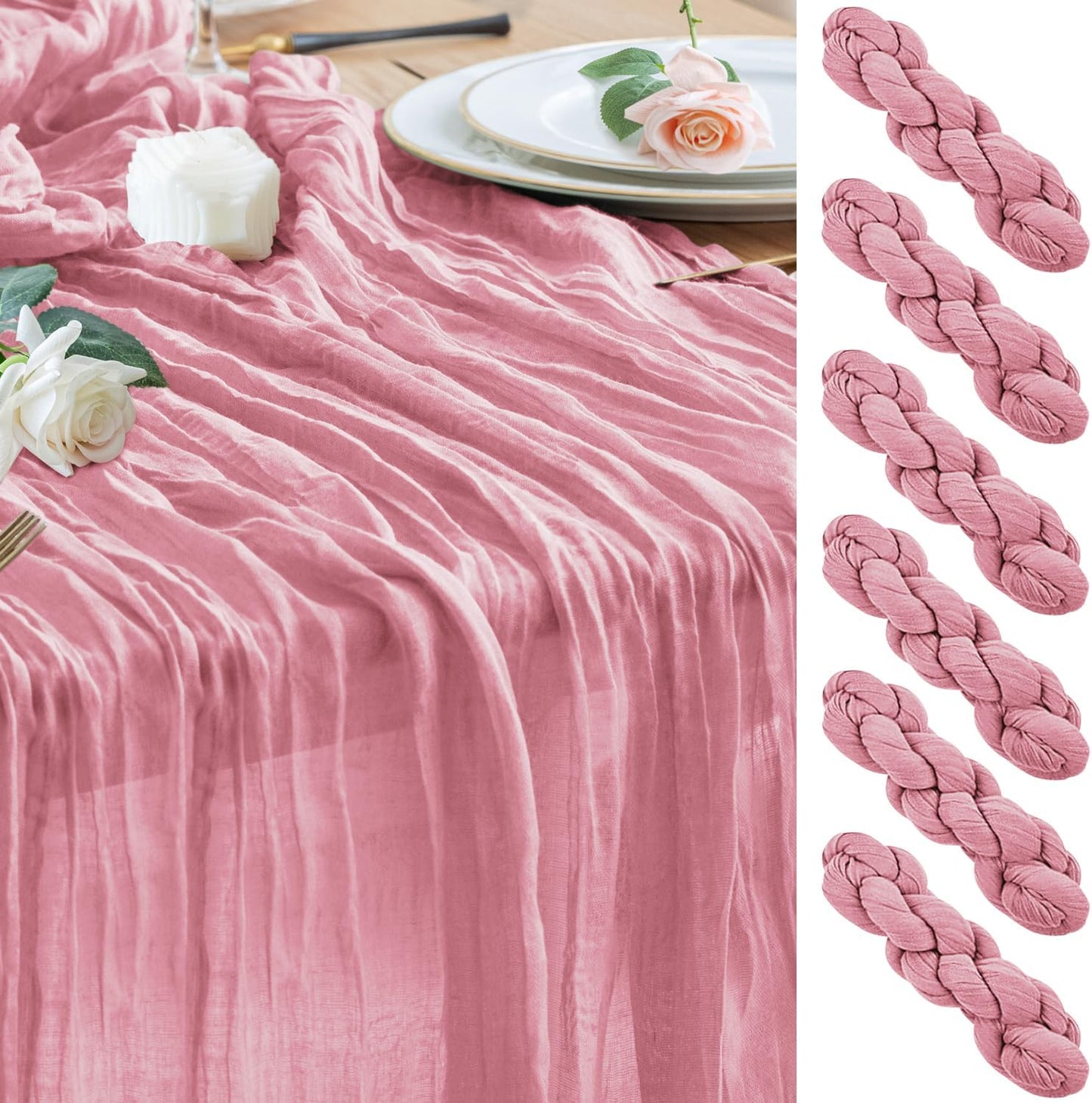 Wokceer Cheesecloth Table Runner - 10FT Pink Boho Gauze for Rustic Party & Wedding Decor | 6-Pack
