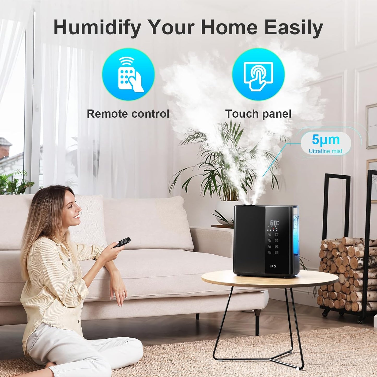 JRD Ultrasonic Humidifier - 5L Warm & Cool Mist for Fast Relief | 50H Runtime, 7 Color Light, Quiet Operation - Black
