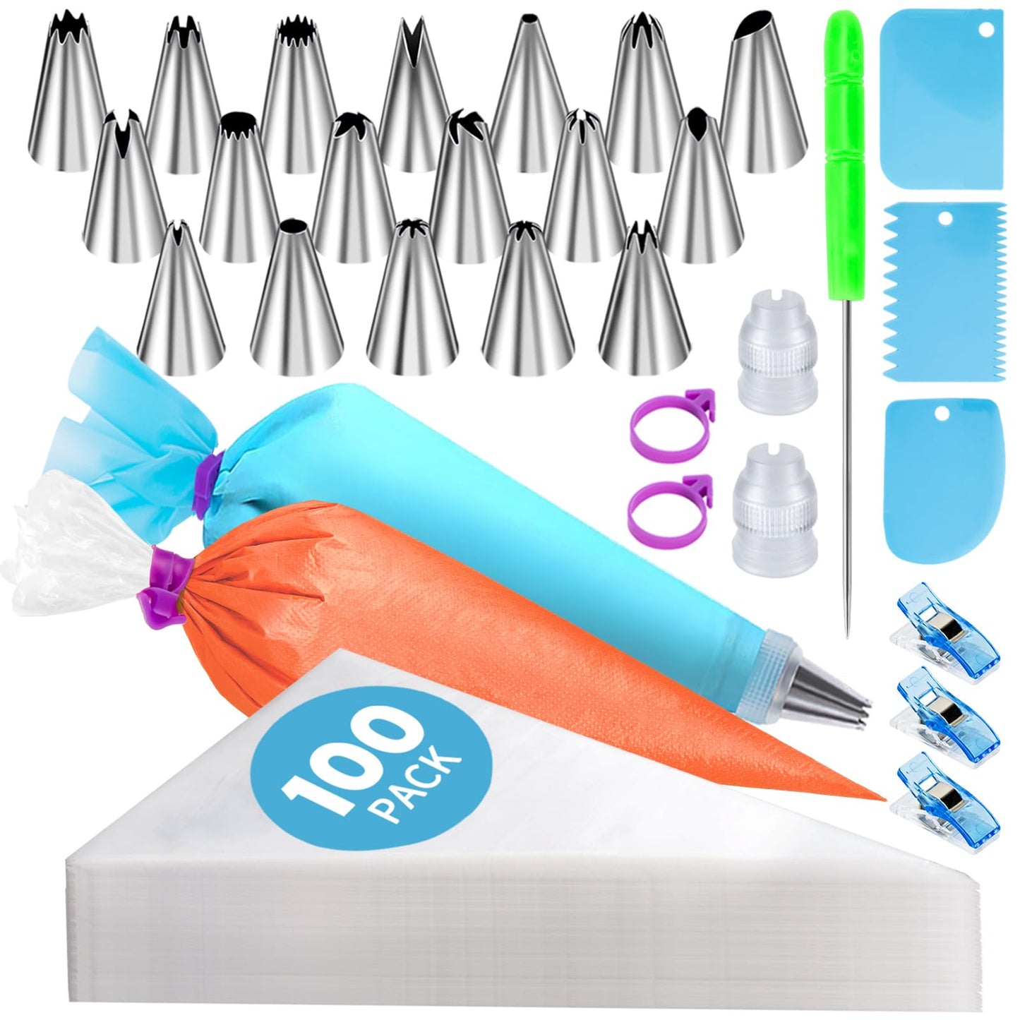 130 Pcs Piping Bags and Tips Set, Cakes Decorating Kit Supplies with 100 Pcs 12 Inch Piping Bags, 1 Reusable Pastry Bags, 18 Tips, 2 Couplers, 2 Bags Ties, 3 Clips, 1 Scriber Needle, 3 Cake Scraper