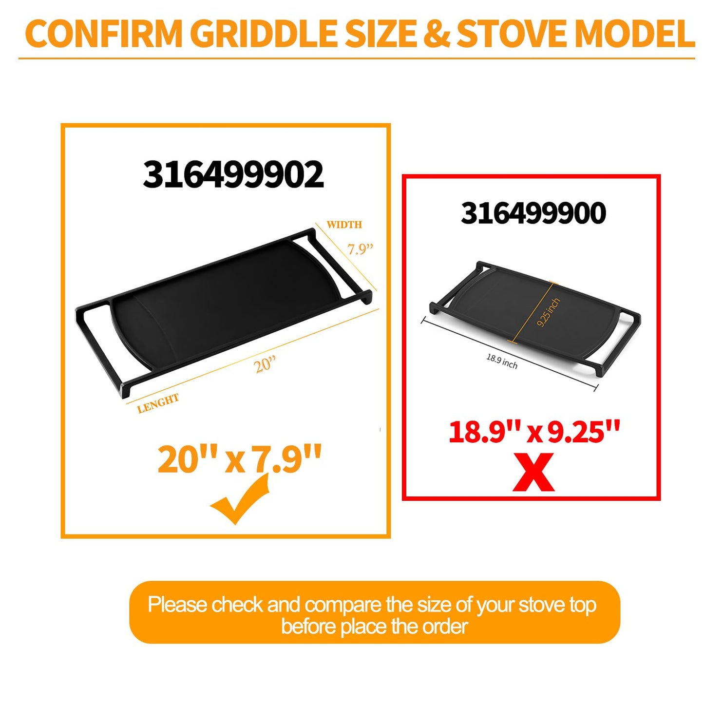 Upgraded 316499902 Griddle Replacement for Frigidaire Gas Stove Griddle 20"x7.9" Cast Iron Center Burner Griddle Plate Frigidaire Gallery Gas Range Cooktop Parts Stovetop Middle Flat Top Griddle Pan