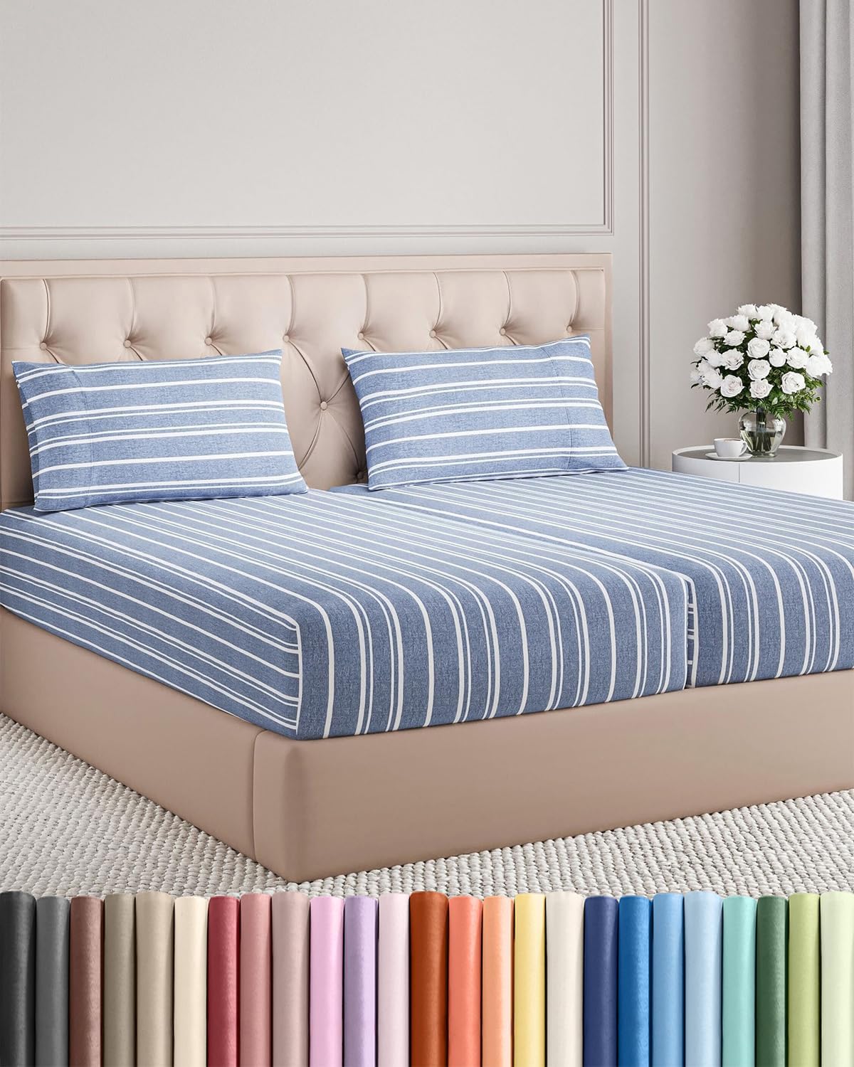 Skiennix Split King Size 5-Piece Sheet Set - Comfy Cooling Bed Sheets - Luxury Hotel Quality - Deep Pockets - Blue Stripes