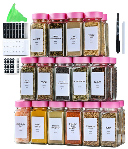 24 Glass Spice Jars with Label-4oz Spice Containers with Lids and Shaker Lids,3 Sets of Spice Labels 1 Collapsible Funnel 2 Erasable Markers (24)