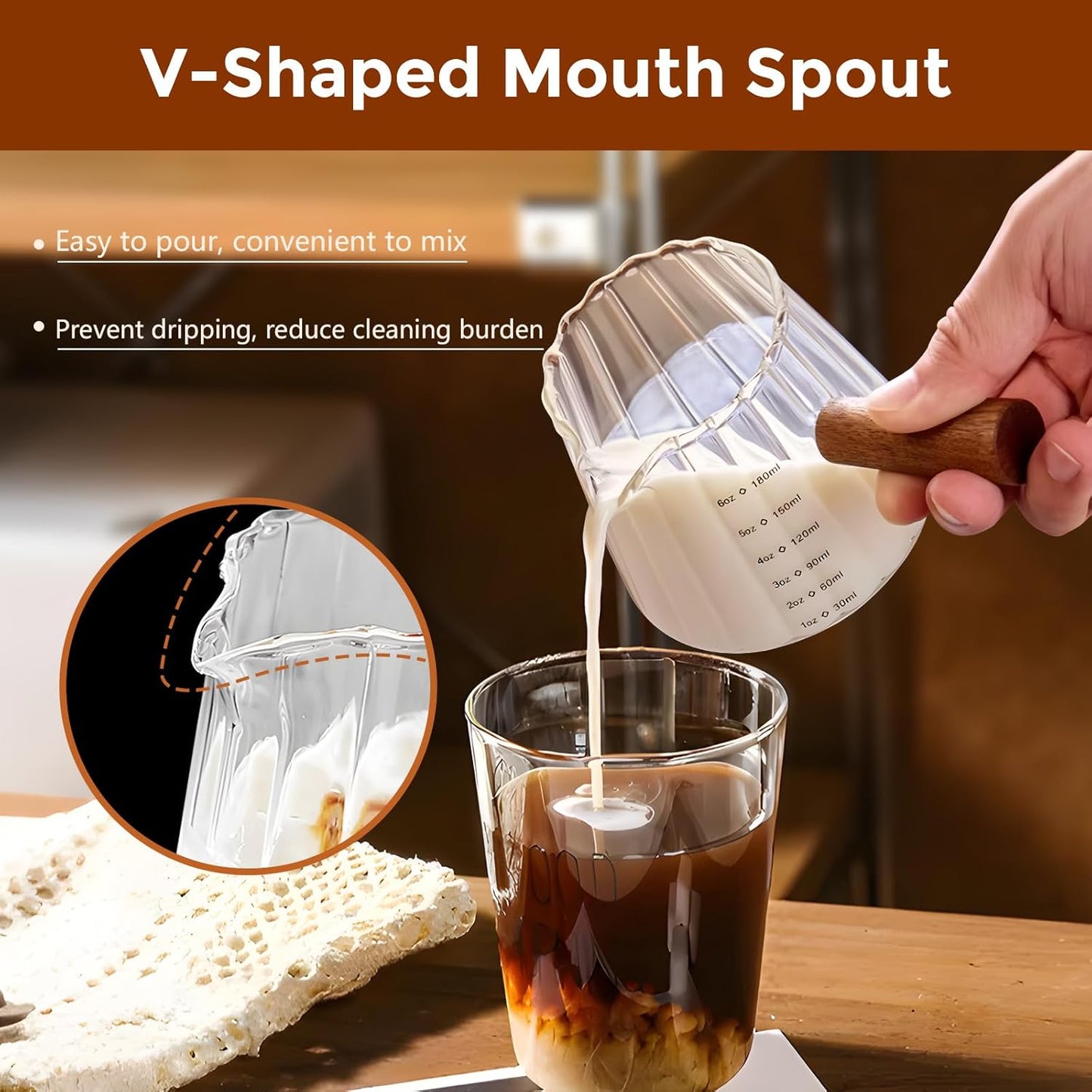 YARRAMATE Glass Measuring Cup - 6 oz/180ML with Wooden Handle | Ribbed Milk Frothing Pitcher, Easy Pouring