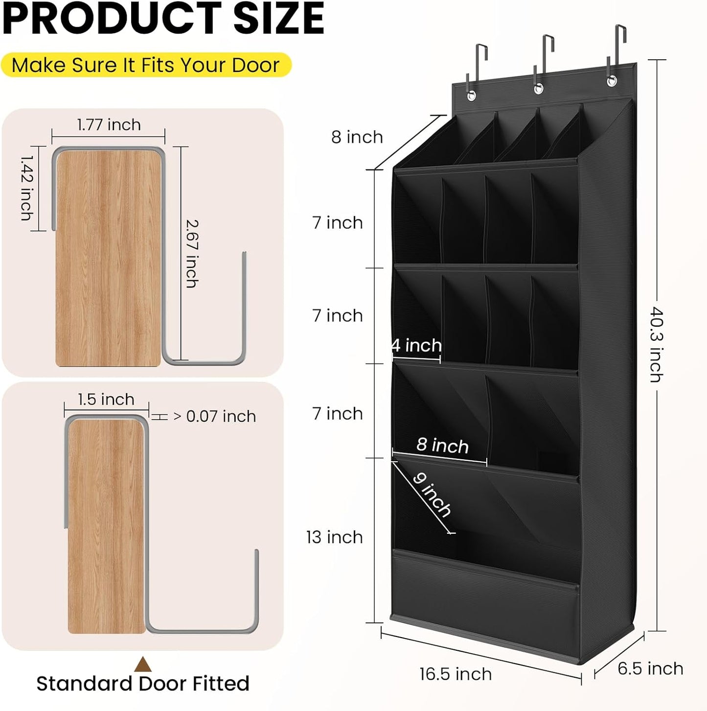 Over The Door Shoe Organizer by [Brand Name] - 18 Pairs Capacity with Large Breathable Pockets | Black