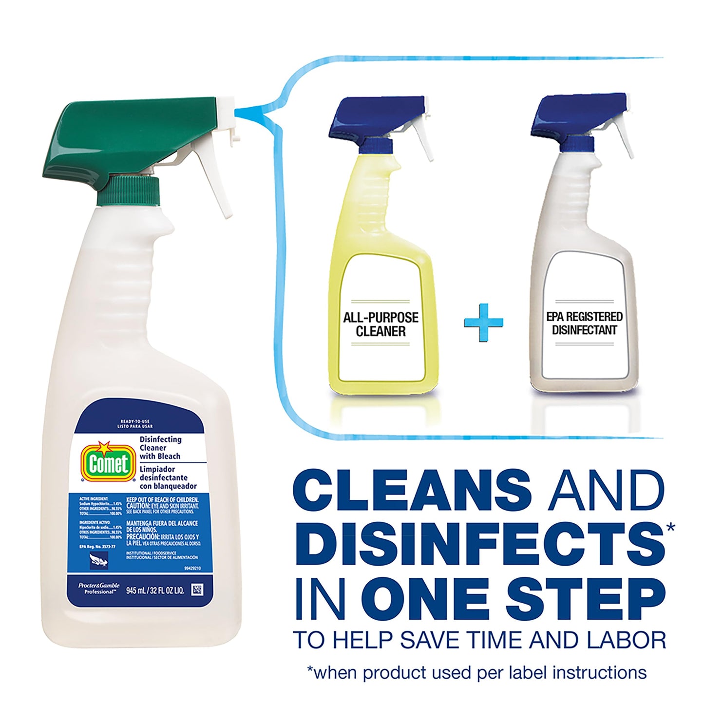 Comet Disinfecting Cleaner with Bleach, Bulk Multi Purpose Sanitizing and Deodorizing Spray, Hospital Grade, 32 fl oz (Case of 8)