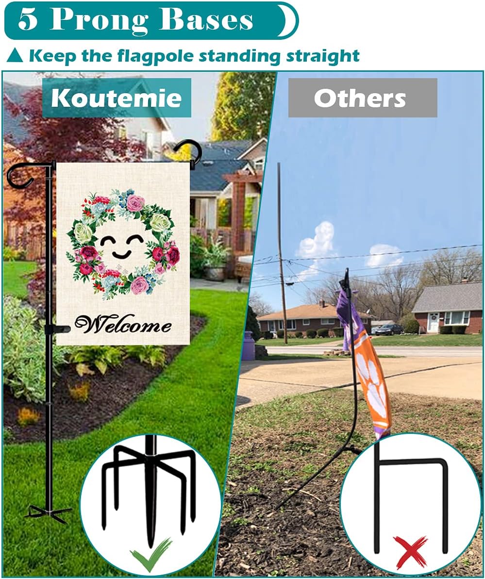 Koutemie Garden Flag Stand Holder - 49 Inch Extra Tall with 5 Prong Base for 12 x 18 Flags | Matte Black