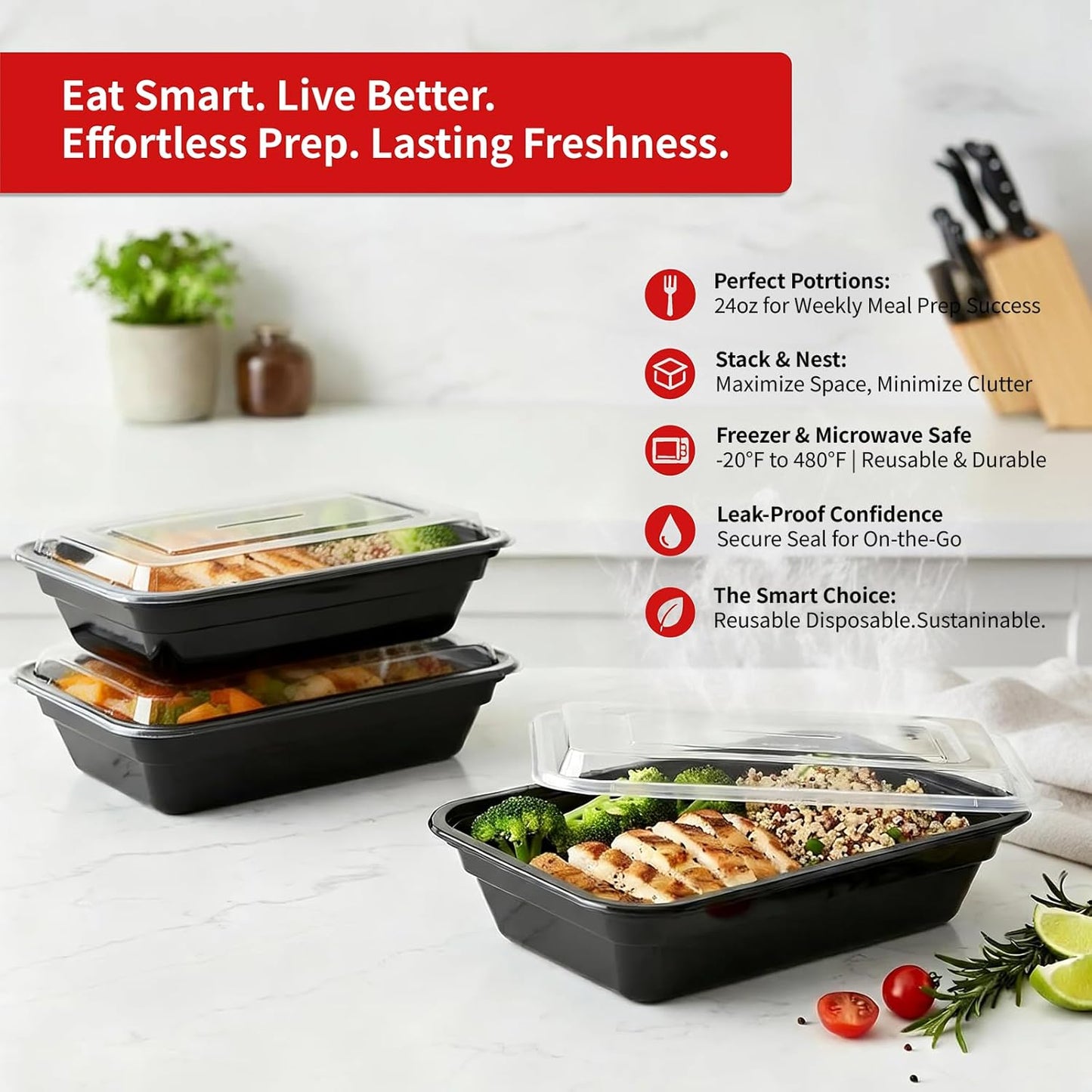Regine Switzerland Meal Prep Containers - 60 Pack 24 oz Reusable, Leakproof, BPA-Free | Microwave & Dishwasher Safe