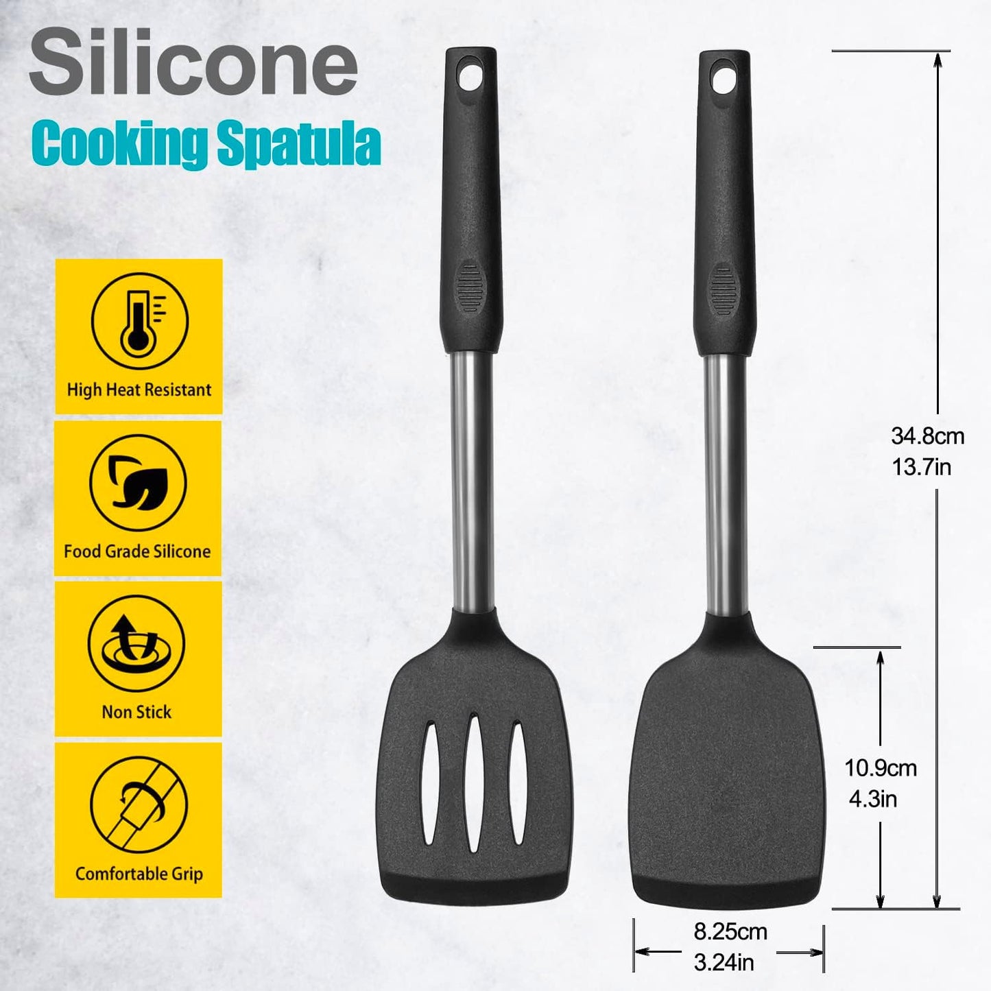 Skiennix Silicone Spatula Set - 2 Pack Solid & Slotted Turners with Stainless Steel Handles | Heat Resistant, Non-Stick, Black