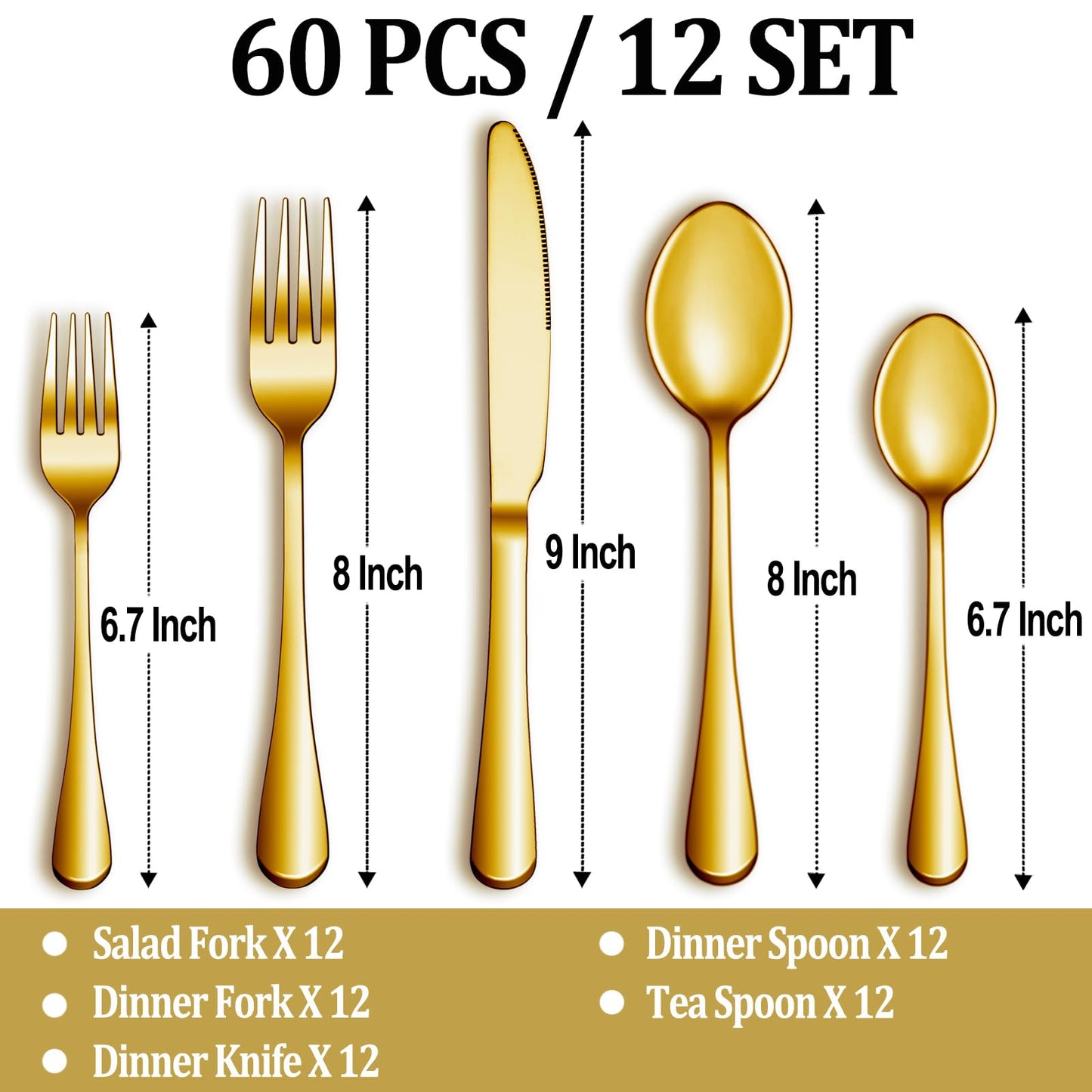 MUTNITT 60 Pcs Gold Silverware Set Service for 12, Premium Stainless Steel Flatware Set, Cutlery Utensil Set, Durable Home Kitchen Eating Tableware Set, Include Fork Knife Spoon Set, Dishwasher Safe