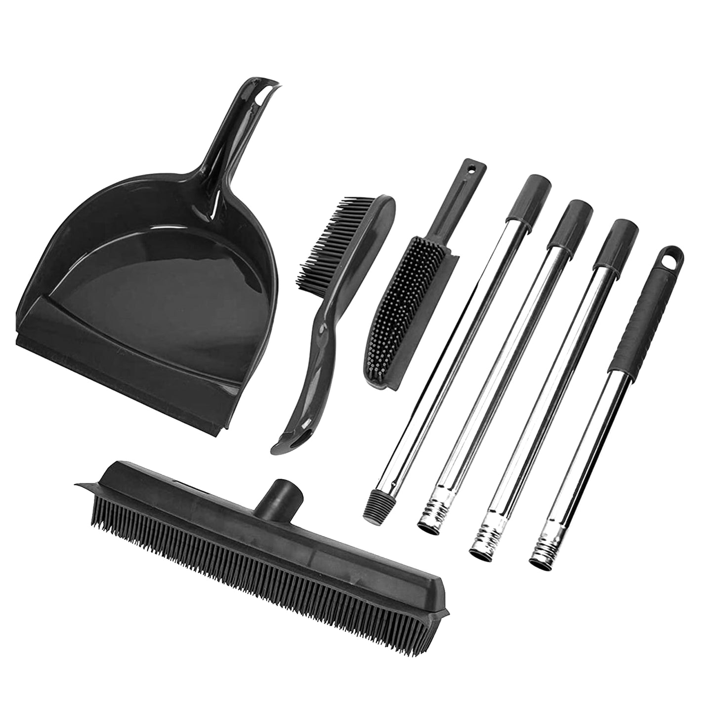 OVENTE Carpet Rake Rubber Broom for Pet Hair Removal with Squeegee, Detailing Lint Fur Remover Brush, Dustpan and 50” Handle, Cleaning Tools Set for Rug, Hardwood Floor, Tile and Window, Grey CT2504GY