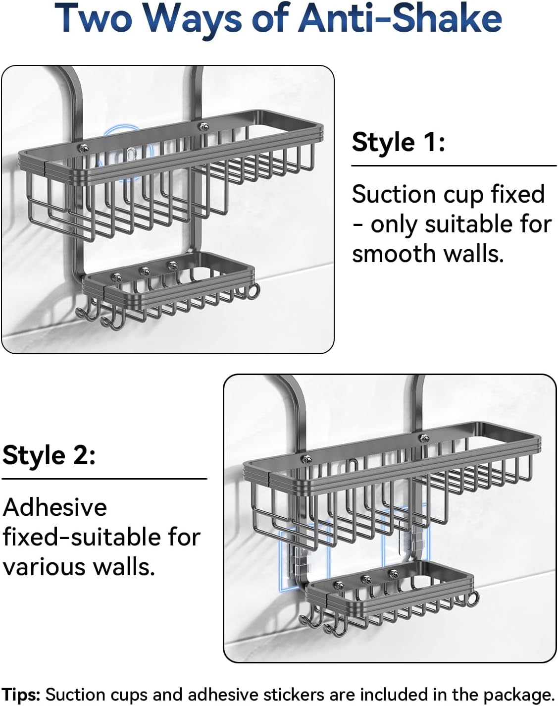 YASONIC Shower Caddy - Rustproof Aluminum Organizer with 10 Hooks & Soap Basket - Grey