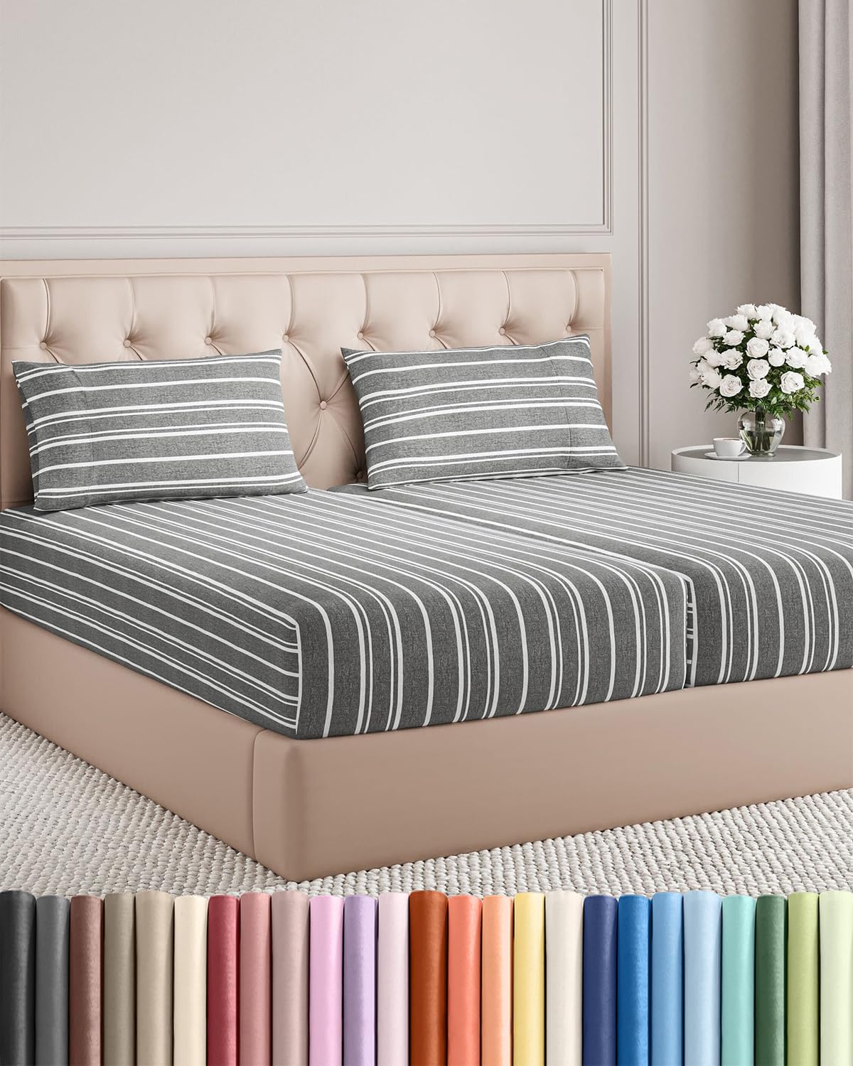 Split King Size 5-Piece Sheet Set | Comfy Cooling Bed Sheets - Luxury Hotel Quality - Grey Stripes