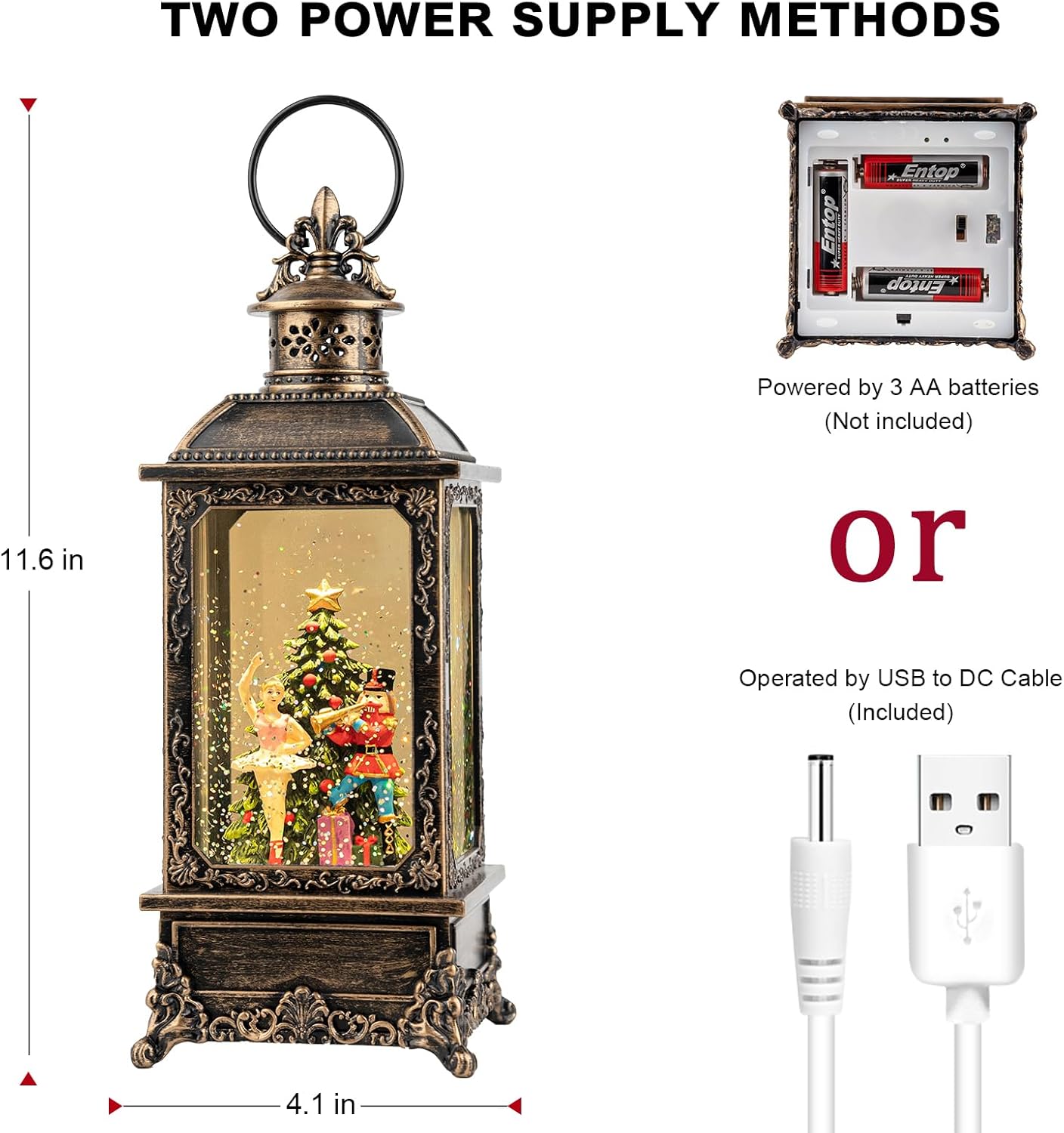 VISFLAIR Christmas Snow Globe Lantern - Musical Nutcracker & Ballerina with Glittering Lights | Battery or USB Powered