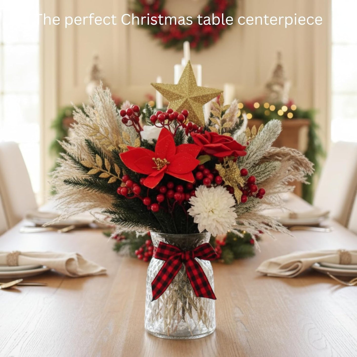 RyddeligHome Christmas Centerpieces - 100pcs Holiday Floral Arrangements for Tables | Red Poinsettia & Pine Decor