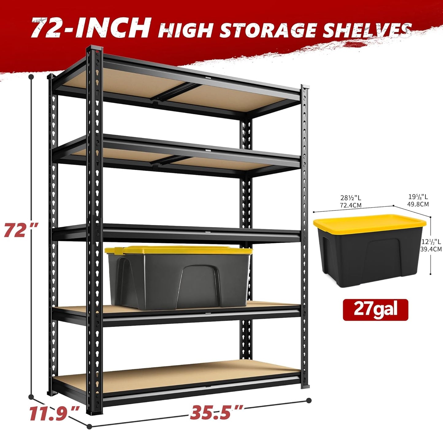 REIBII 5-Tier Heavy Duty Storage Shelves - Adjustable Utility Rack for Garage, Pantry & Closet | 35.5" W x 11.9" D x 72" H, Black