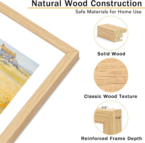 JCJMY 8x12 Solid Wood Picture Frame - Display 6x8 with Mat or 8x12 Without Mat, Natural Finish