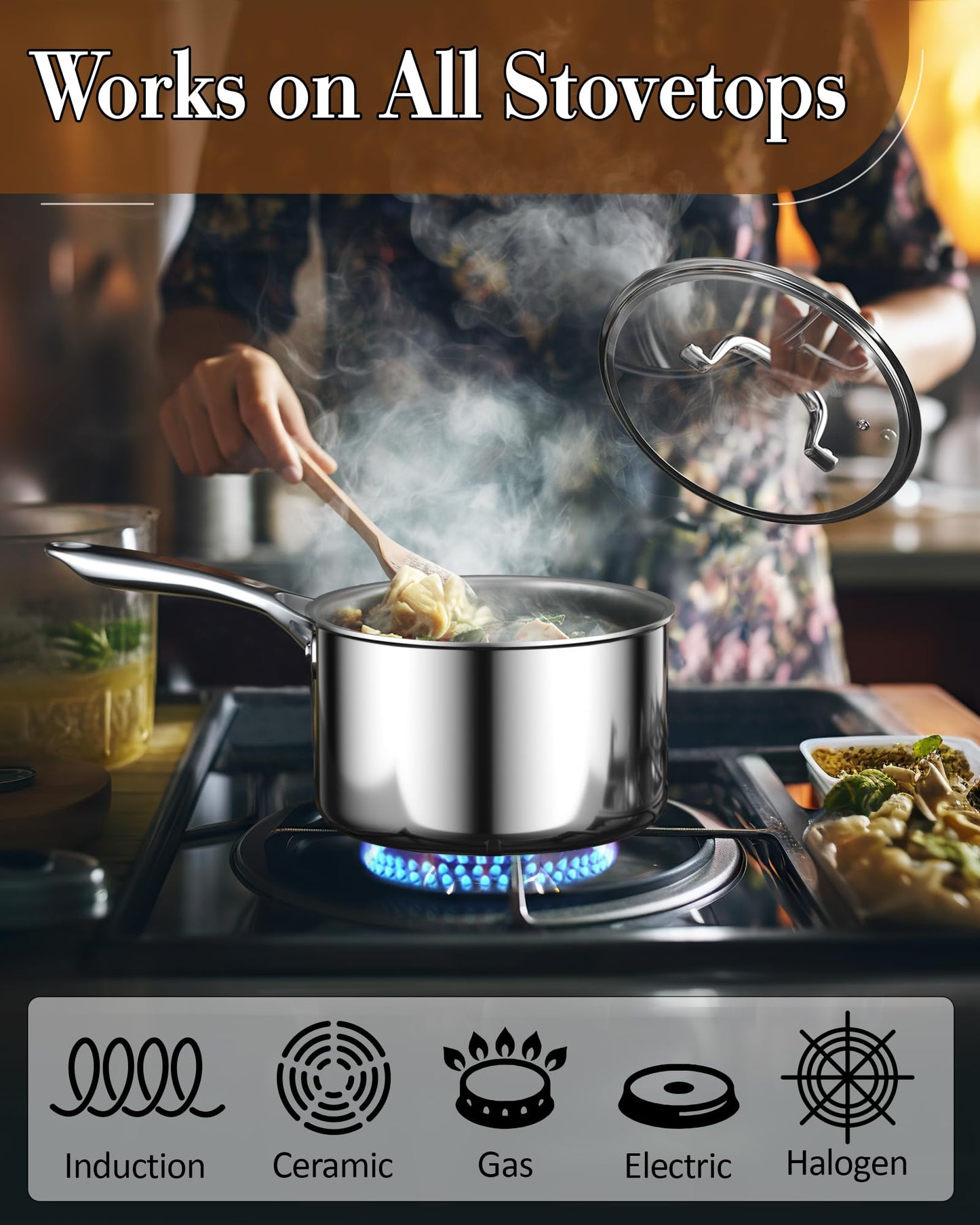 Cook N Home Stainless Steel Sauce Pan with Lid, 1.5 Quart Tri-Ply Full Clad Small Kitchen Pot, Dishwasher & Oven Safe, Induction Compatible Cookware