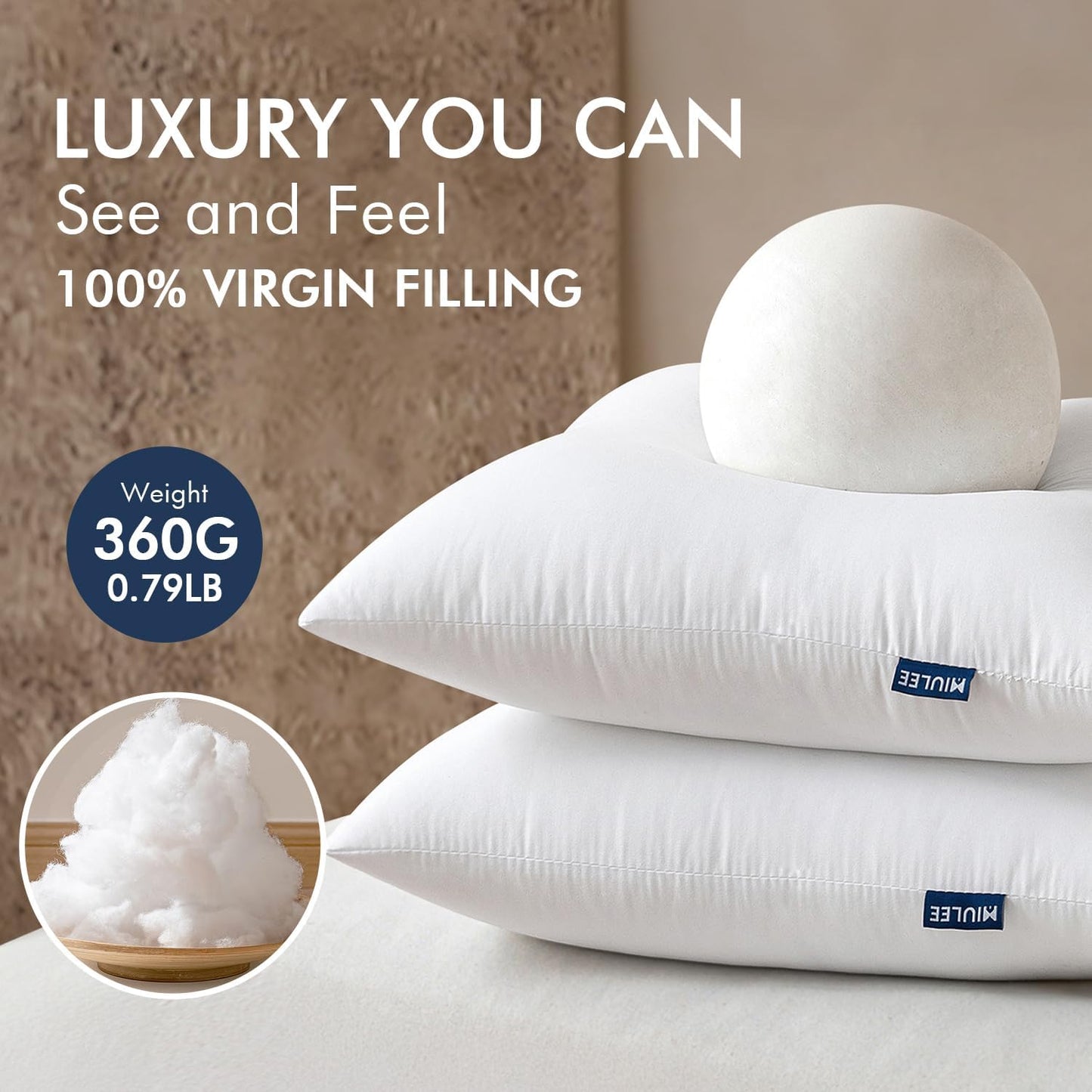 MIULEE Throw Pillow Inserts - Pack of 2, 12x20 Inch, 100% Virgin Fiber Filling for Bed & Couch