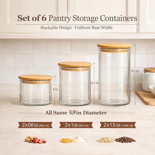 ComSaf Glass Storage Containers - Airtight Lids for Dry Food | Set of 6 (0.6qt/1qt/1.5qt) - Stackable Kitchen Organization