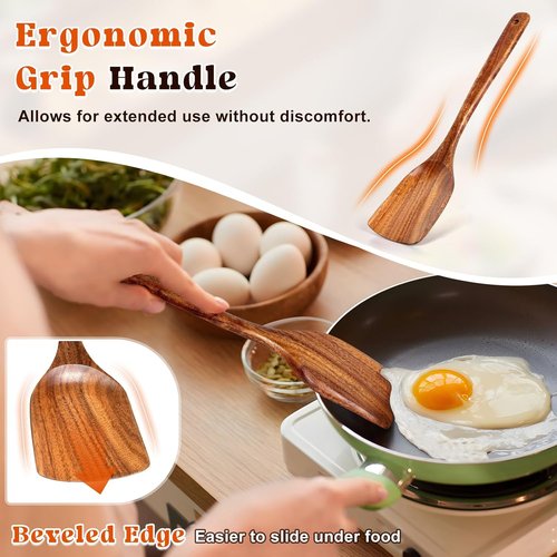 Acacia Wooden Spatula Set - 2Pcs Solid & Slotted Turner with Long Handle | Ideal Kitchen Gift for Moms