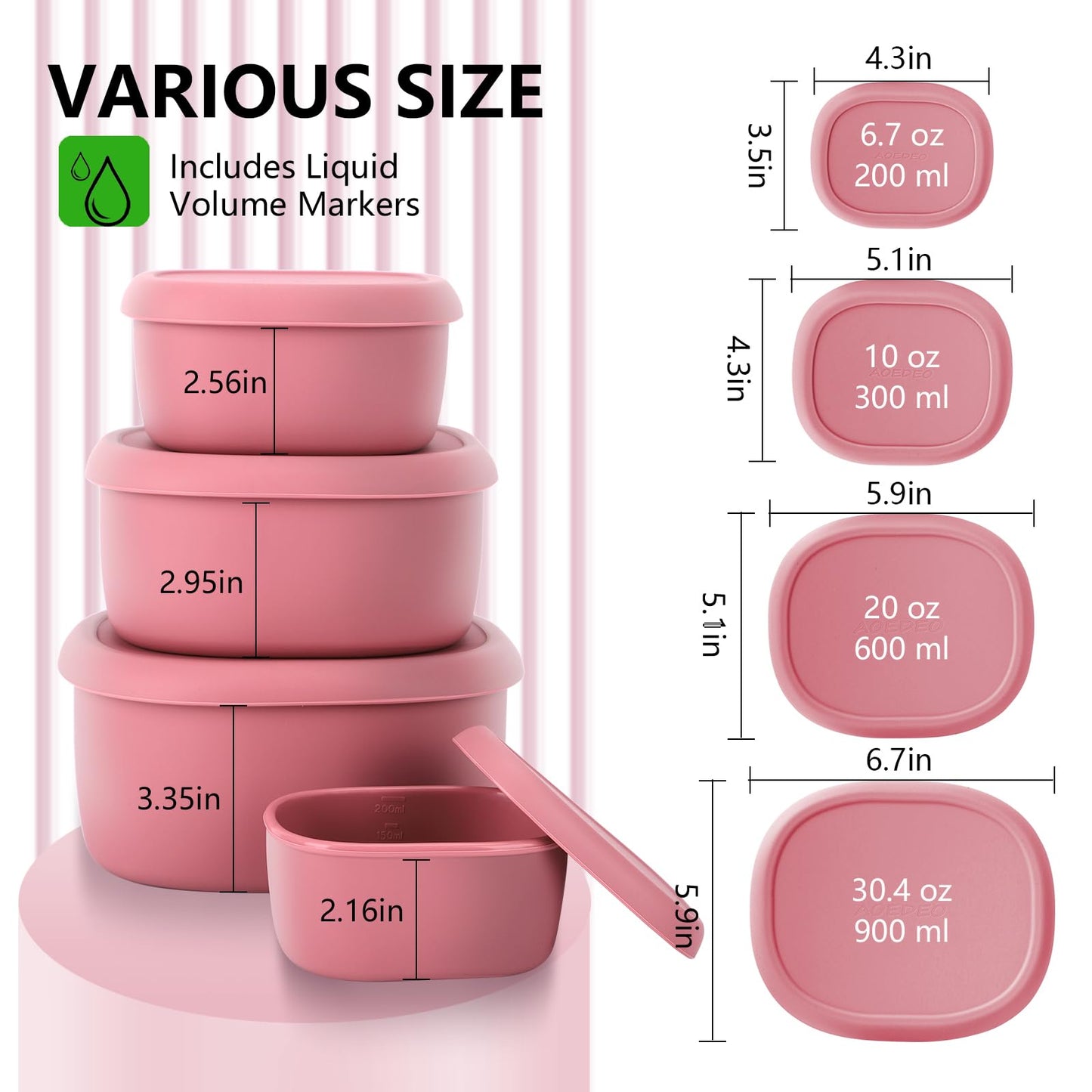 AOEDEO 4Pcs Silicone Food Storage Containers with Lids，BPA Free Reusable Silicone Storage Containers for Food Freezer Containers Freezer Dishwasher Safe (33.8oz, 20oz, 10oz, 6.7oz) (pink)