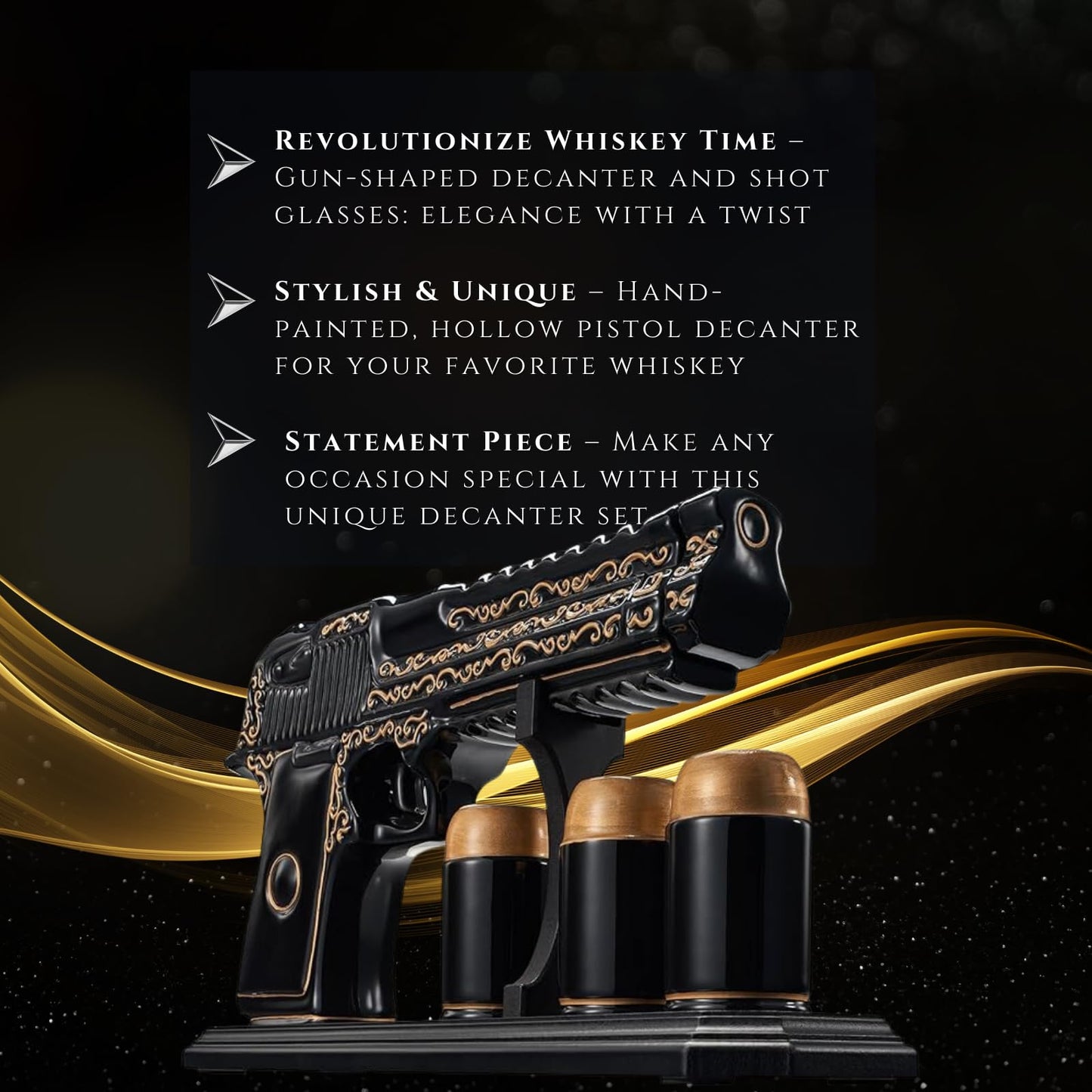 Gifts for Men Dad Hand Painted Gun Whiskey Decanter Set & Shot Glass - Black & Gold & 3 Bullet Shots - Unique Birthday Christmas Gift for Brother, Cool Anniversary Present Him Husband, Pistol Liquor