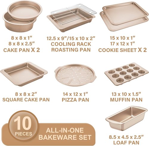 HONGBAKE 10-Piece Bakeware Set | Nonstick Baking Pans with Wider Grips - Champagne Gold
