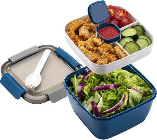 Freshmage Salad Lunch Container - 52 oz Salad Bowl with 3 Compartments & Dressing Container | Blue