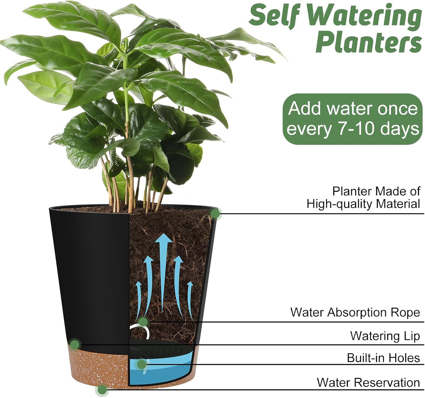 YNNICO Indoor Self-Watering Planters - Drainage Holes & Saucers | Set of 6 Pots in Black (5-8 Inches)