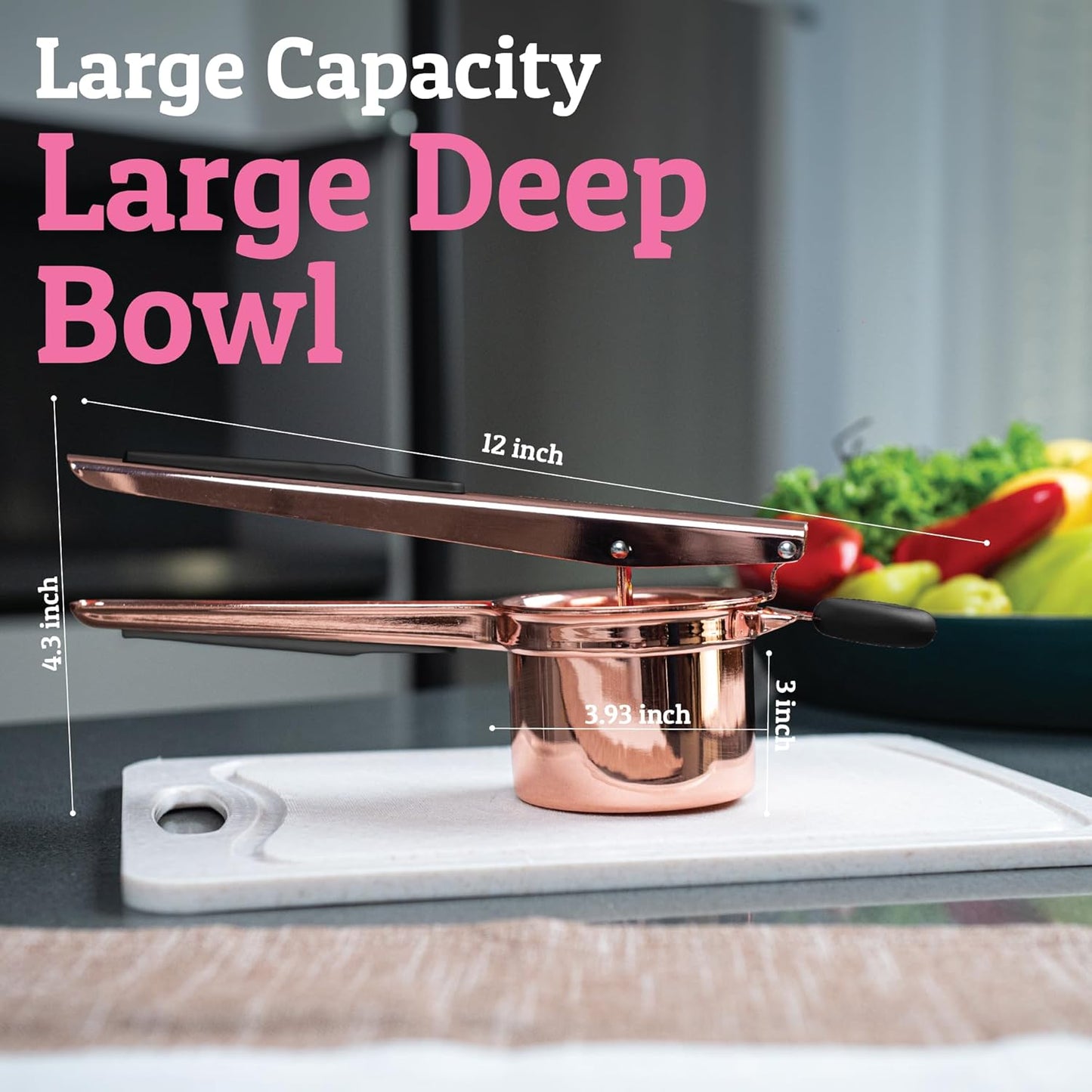 PriorityChef 15oz Potato Ricer - Heavy Duty Stainless Steel Masher for Perfect Mashed Potatoes | Rose Gold & Black