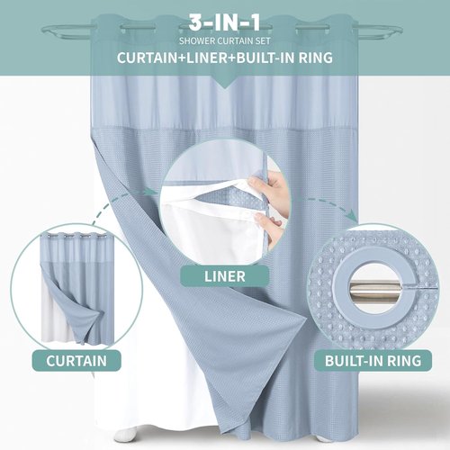 Eachope FrostBlue Shower Curtain - Waterproof Waffle Weave with Snap-In Liner | 71" x 74" Size